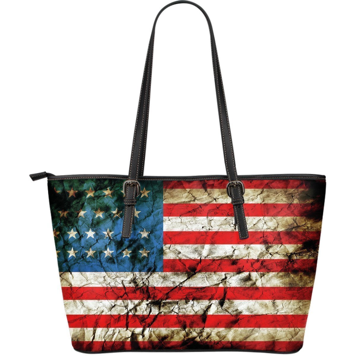 Grunge Wrinkled American Flag Patriotic Leather Tote Bag GearFrost