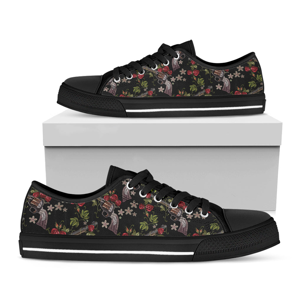 Guns And Flowers Pattern Print Black Low Top Shoes