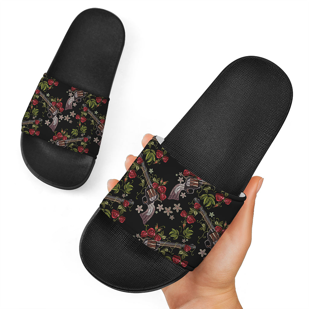 Guns And Flowers Pattern Print Black Slide Sandals