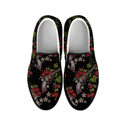 Guns And Flowers Pattern Print Black Slip On Shoes