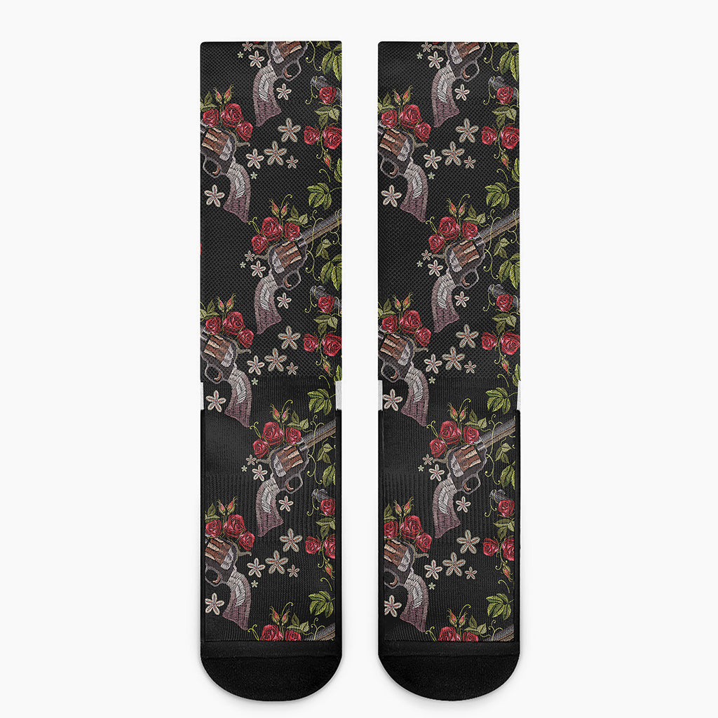 Guns And Flowers Pattern Print Crew Socks