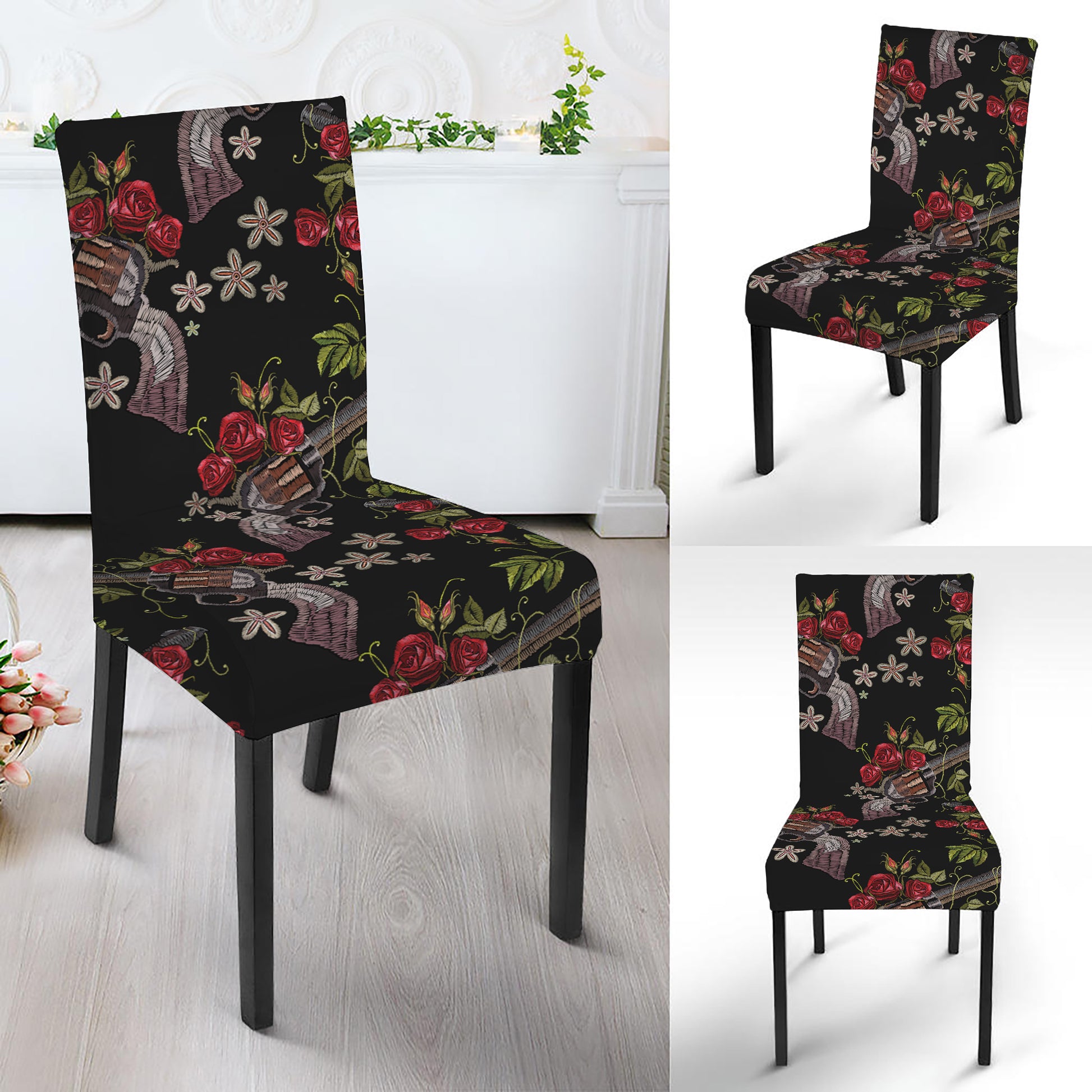 Guns And Flowers Pattern Print Dining Chair Slipcover