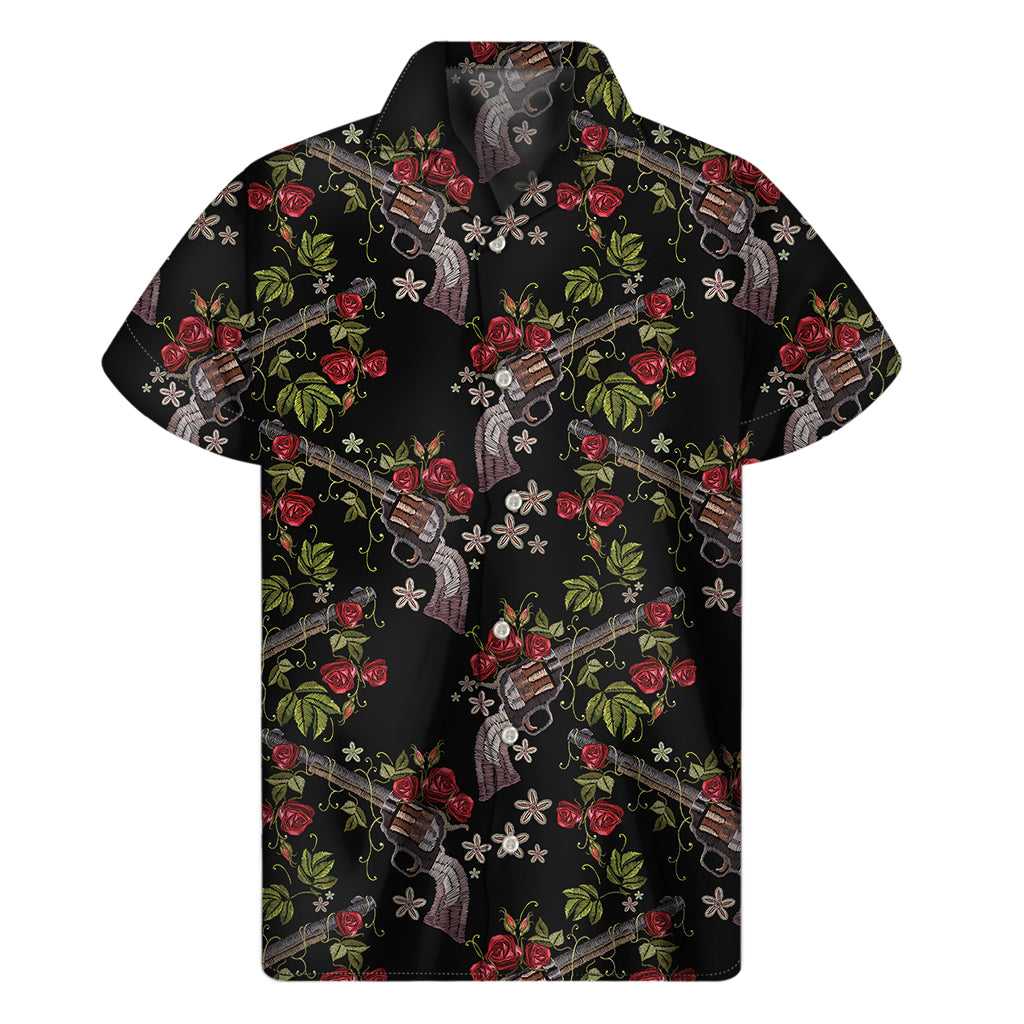 Guns And Flowers Pattern Print Men's Short Sleeve Shirt