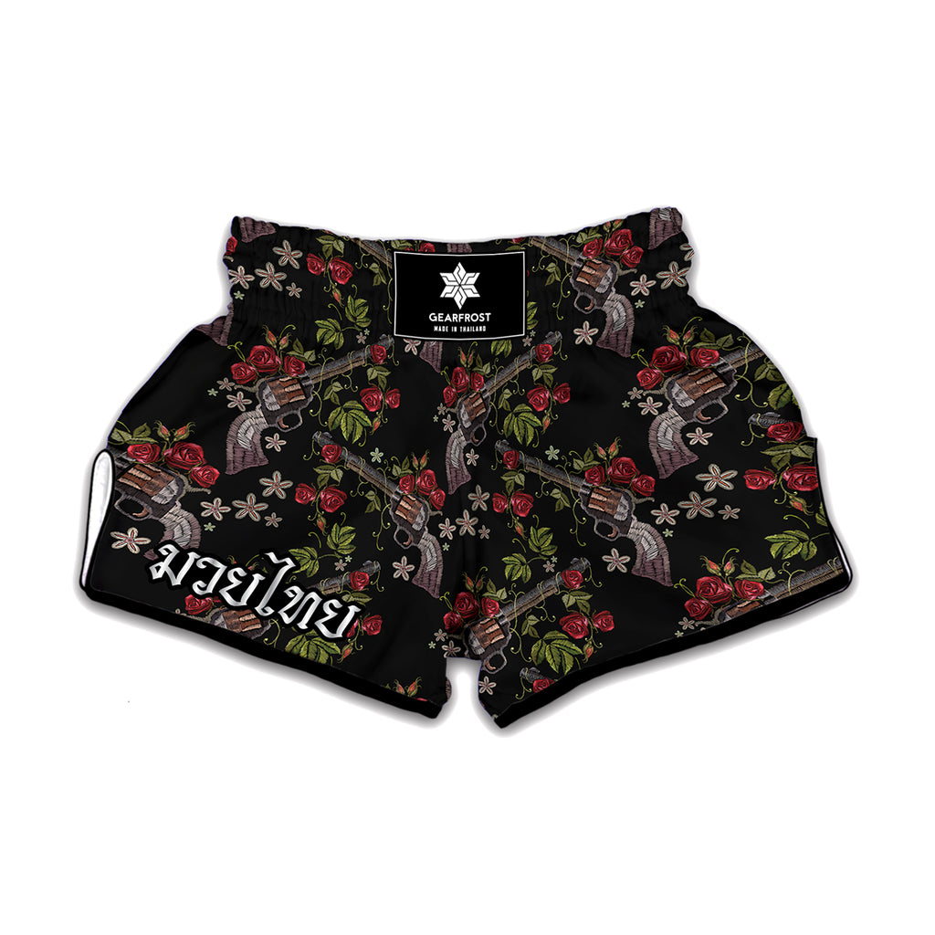 Guns And Flowers Pattern Print Muay Thai Boxing Shorts