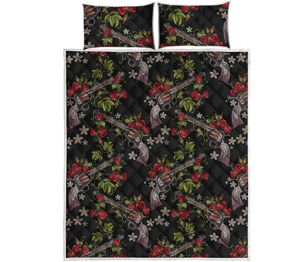 Guns And Flowers Pattern Print Quilt Bed Set