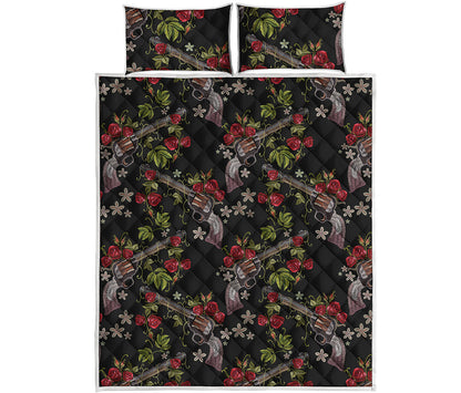 Guns And Flowers Pattern Print Quilt Bed Set