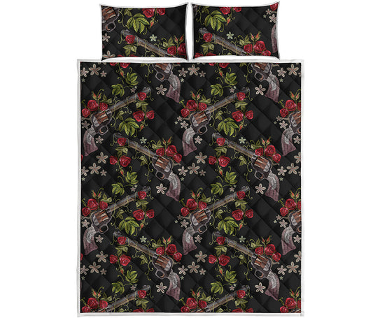 Guns And Flowers Pattern Print Quilt Bed Set