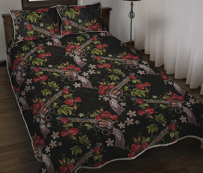 Guns And Flowers Pattern Print Quilt Bed Set