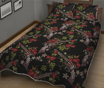 Guns And Flowers Pattern Print Quilt Bed Set