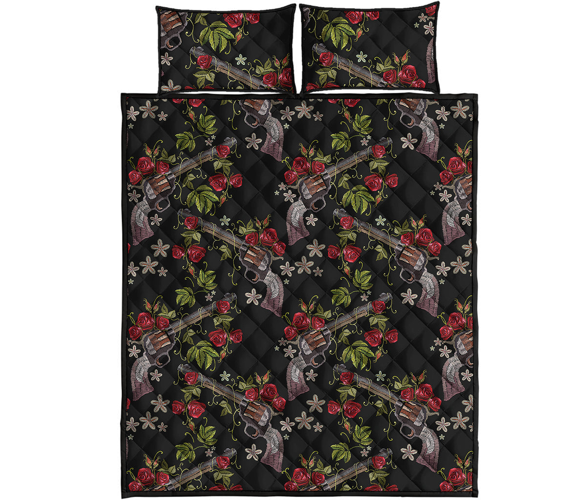 Guns And Flowers Pattern Print Quilt Bed Set