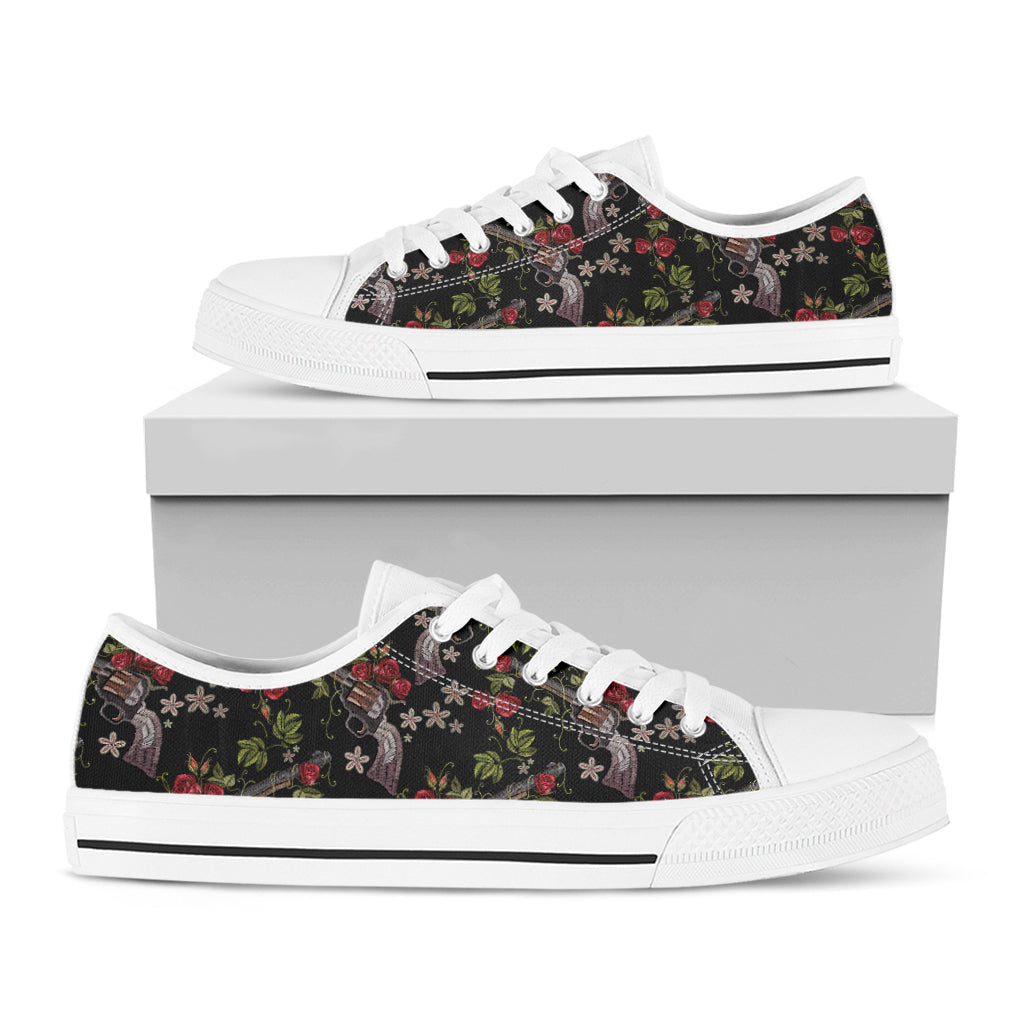Guns And Flowers Pattern Print White Low Top Shoes