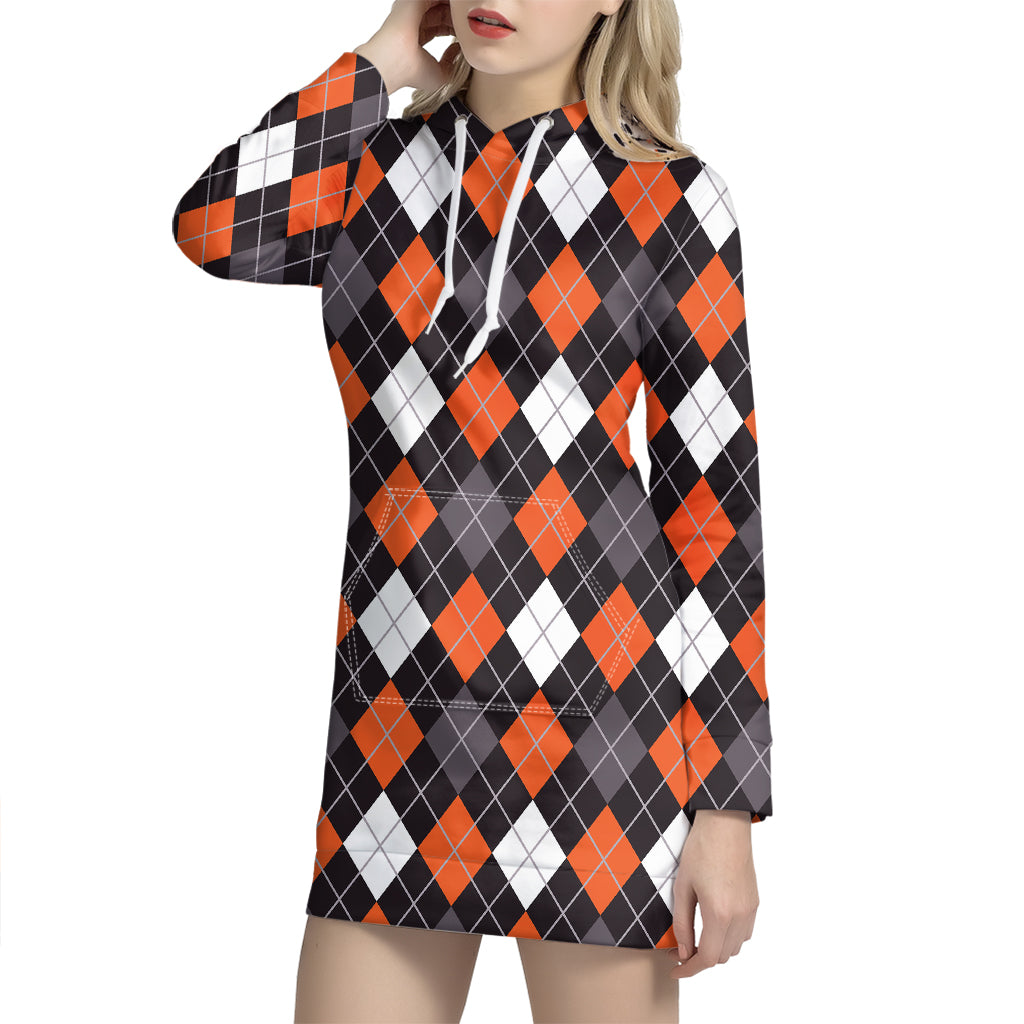 Halloween Argyle Pattern Print Hoodie Dress