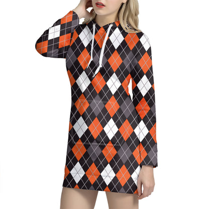 Halloween Argyle Pattern Print Hoodie Dress
