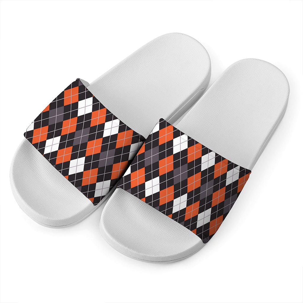 Halloween Argyle Pattern Print White Slide Sandals