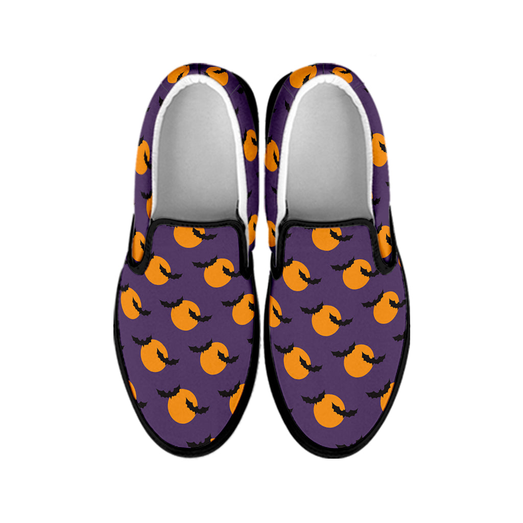 Halloween Bat And Moon Pattern Print Black Slip On Shoes
