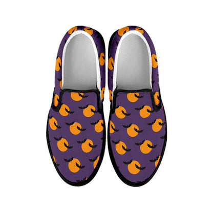 Halloween Bat And Moon Pattern Print Black Slip On Shoes