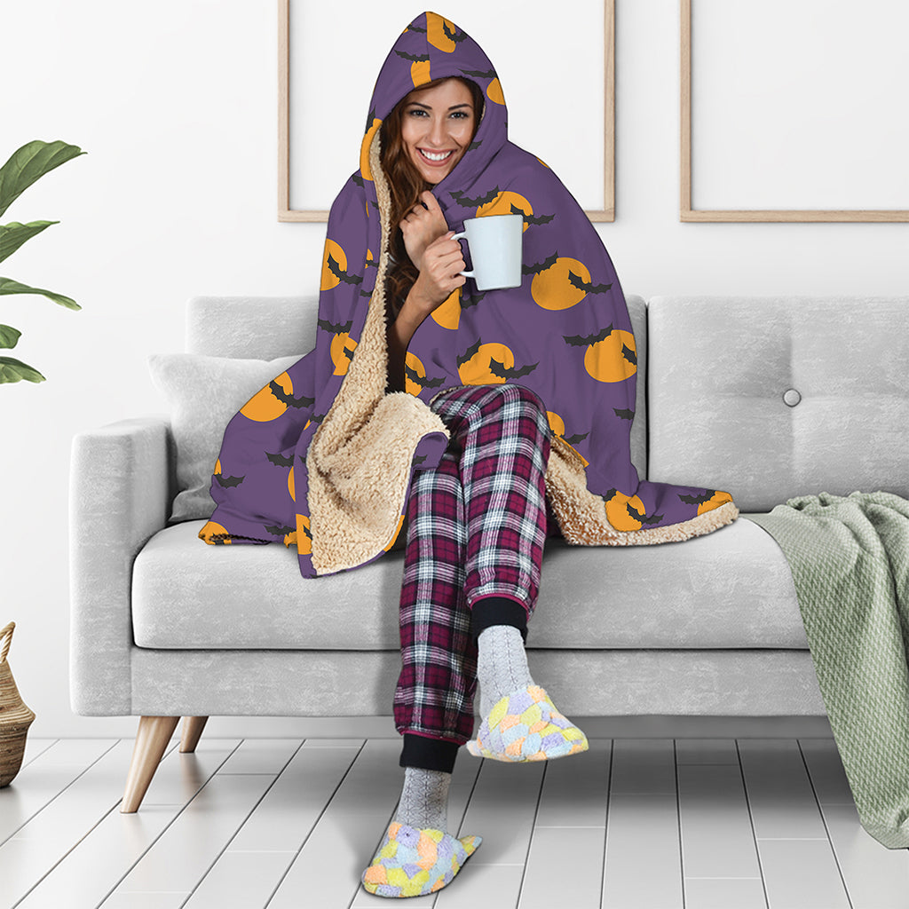 Halloween Bat And Moon Pattern Print Hooded Blanket