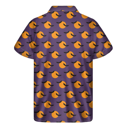 Halloween Bat And Moon Pattern Print Men's Short Sleeve Shirt