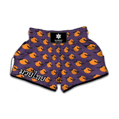 Halloween Bat And Moon Pattern Print Muay Thai Boxing Shorts