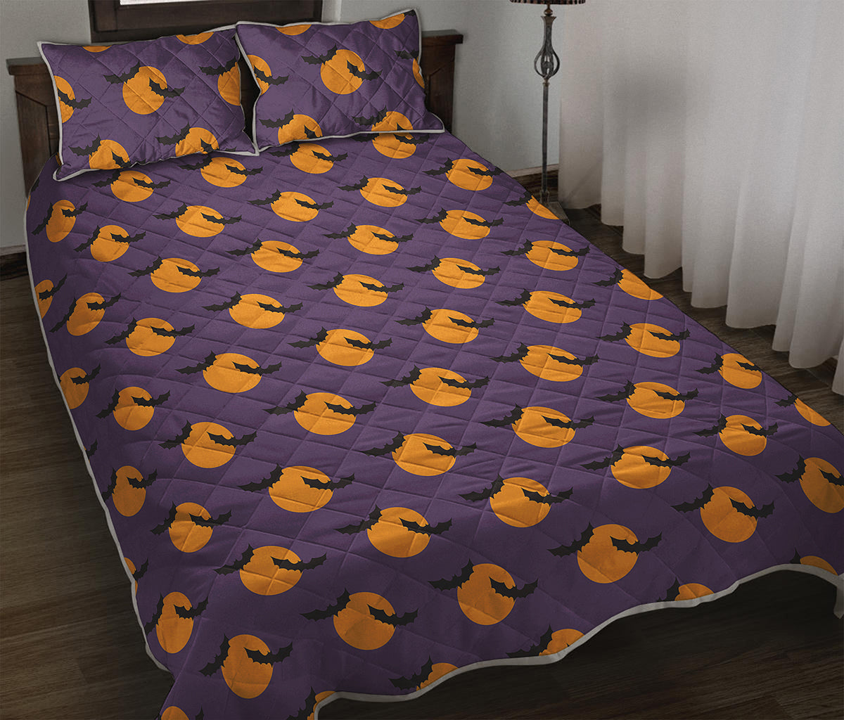 Halloween Bat And Moon Pattern Print Quilt Bed Set