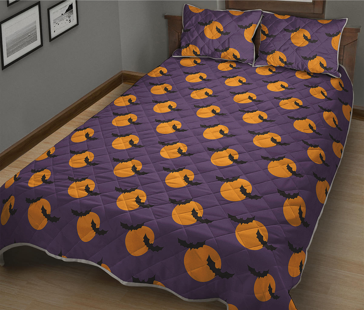 Halloween Bat And Moon Pattern Print Quilt Bed Set