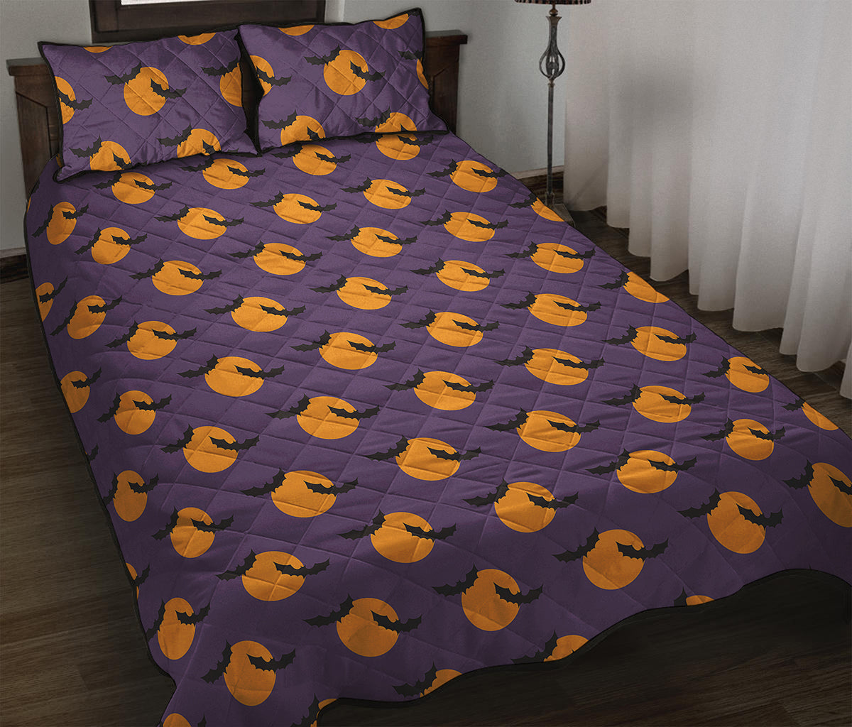 Halloween Bat And Moon Pattern Print Quilt Bed Set