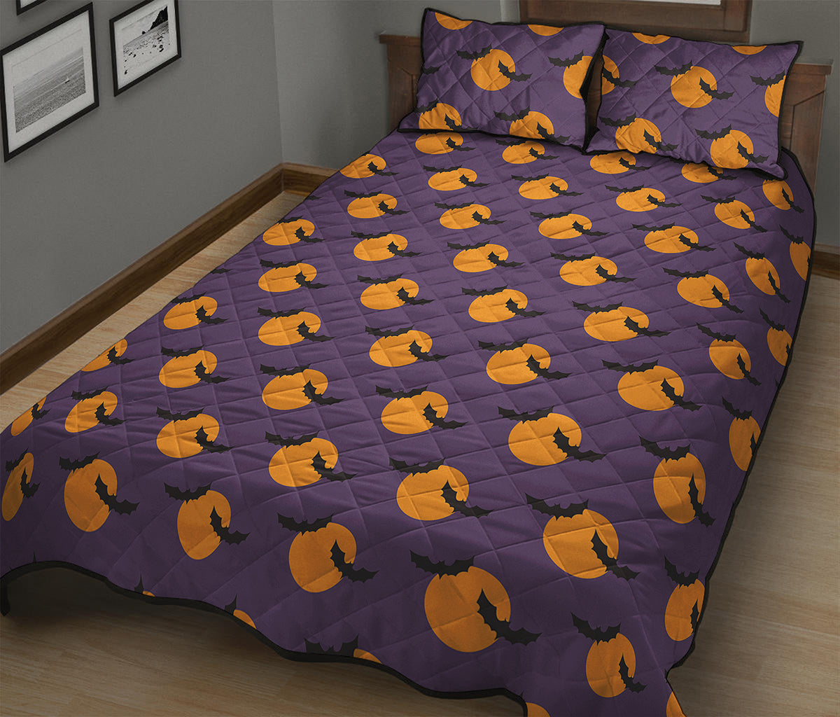 Halloween Bat And Moon Pattern Print Quilt Bed Set