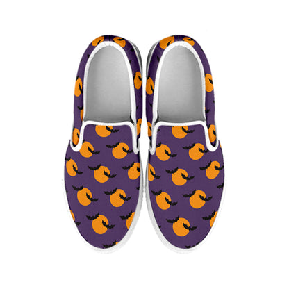 Halloween Bat And Moon Pattern Print White Slip On Shoes