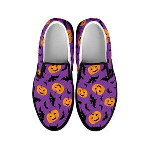 Halloween Bat And Pumpkin Pattern Print Black Slip On Shoes