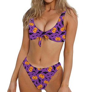 Halloween Bat And Pumpkin Pattern Print Front Bow Tie Bikini