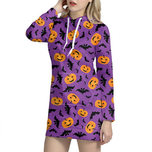 Halloween Bat And Pumpkin Pattern Print Hoodie Dress