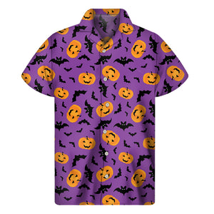 Halloween Bat And Pumpkin Pattern Print Men's Short Sleeve Shirt