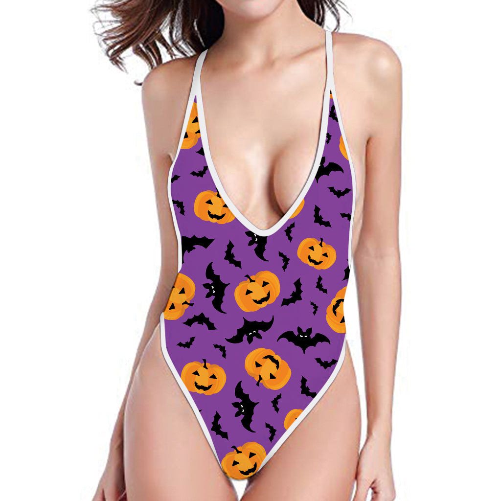 Halloween Bat And Pumpkin Pattern Print One Piece High Cut Swimsuit