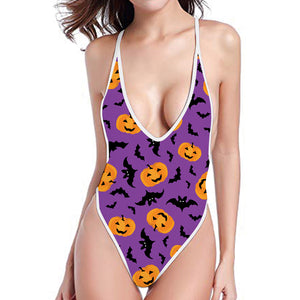 Halloween Bat And Pumpkin Pattern Print One Piece High Cut Swimsuit