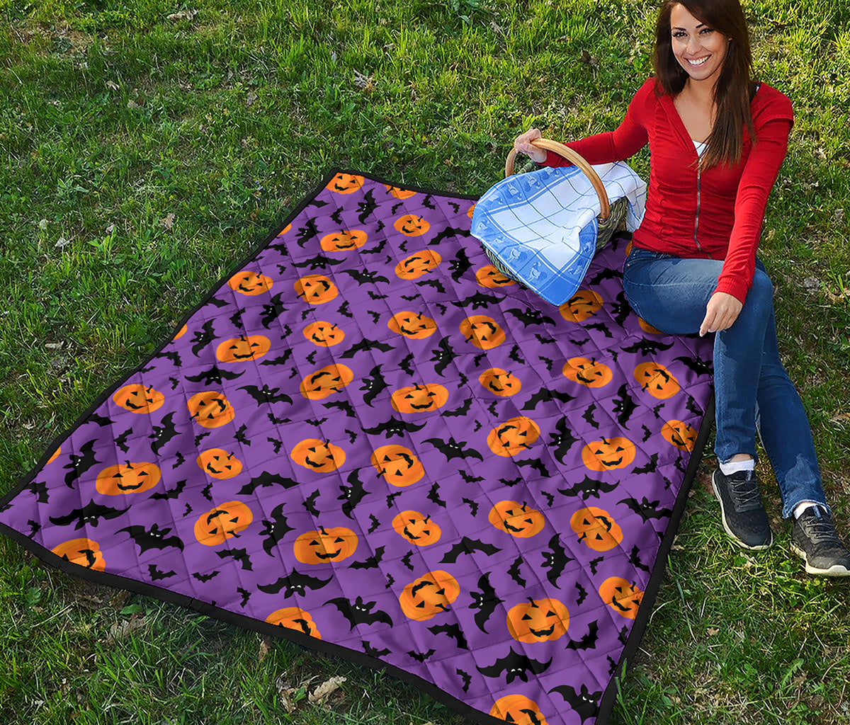 Halloween Bat And Pumpkin Pattern Print Quilt