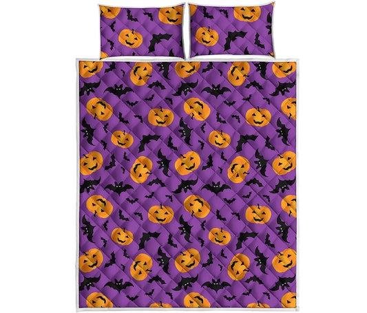 Halloween Bat And Pumpkin Pattern Print Quilt Bed Set