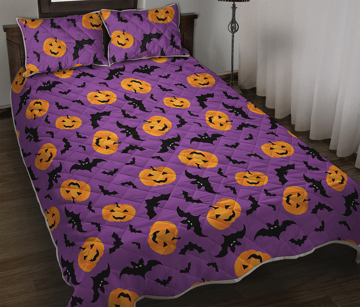 Halloween Bat And Pumpkin Pattern Print Quilt Bed Set