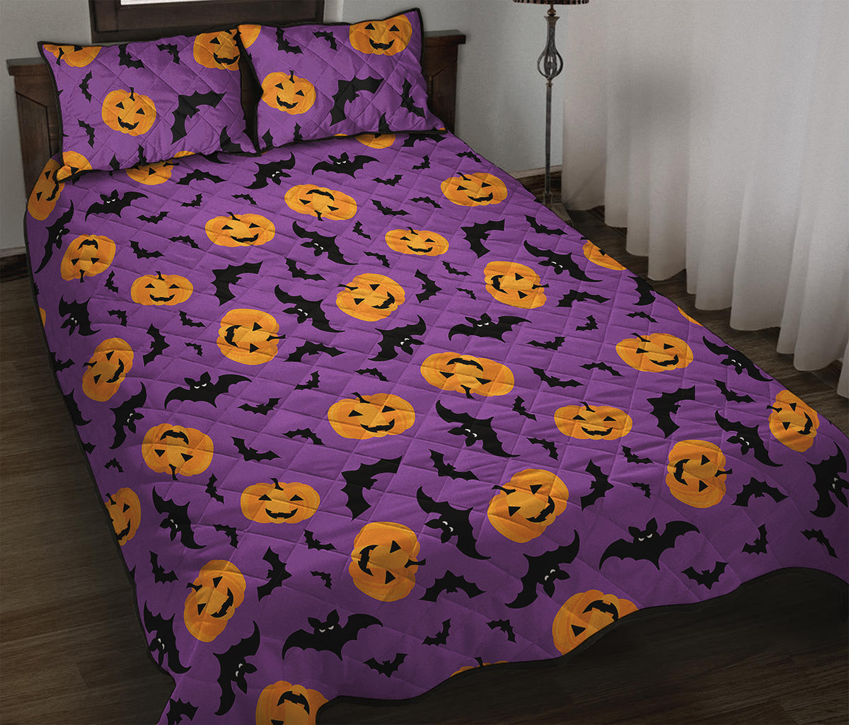 Halloween Bat And Pumpkin Pattern Print Quilt Bed Set