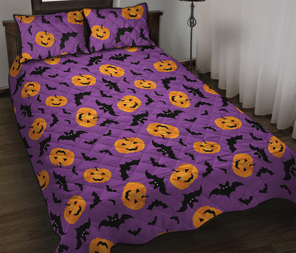 Halloween Bat And Pumpkin Pattern Print Quilt Bed Set