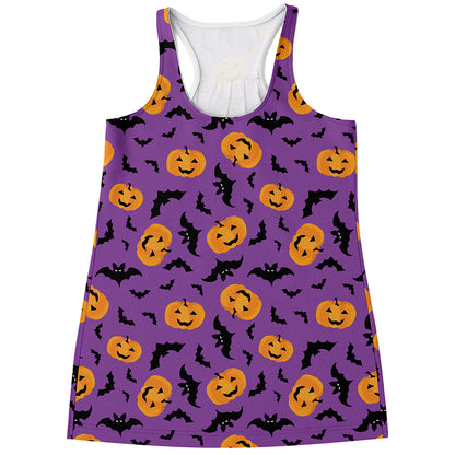 Halloween Bat And Pumpkin Pattern Print Women's Racerback Tank Top