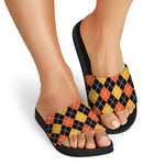 Halloween Black And Orange Argyle Print Black Slide Sandals