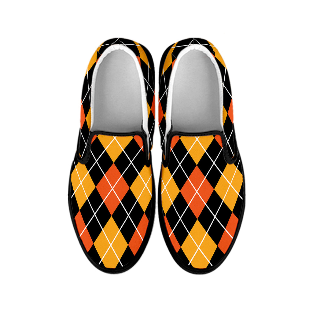 Halloween Black And Orange Argyle Print Black Slip On Shoes