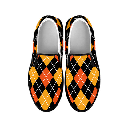 Halloween Black And Orange Argyle Print Black Slip On Shoes