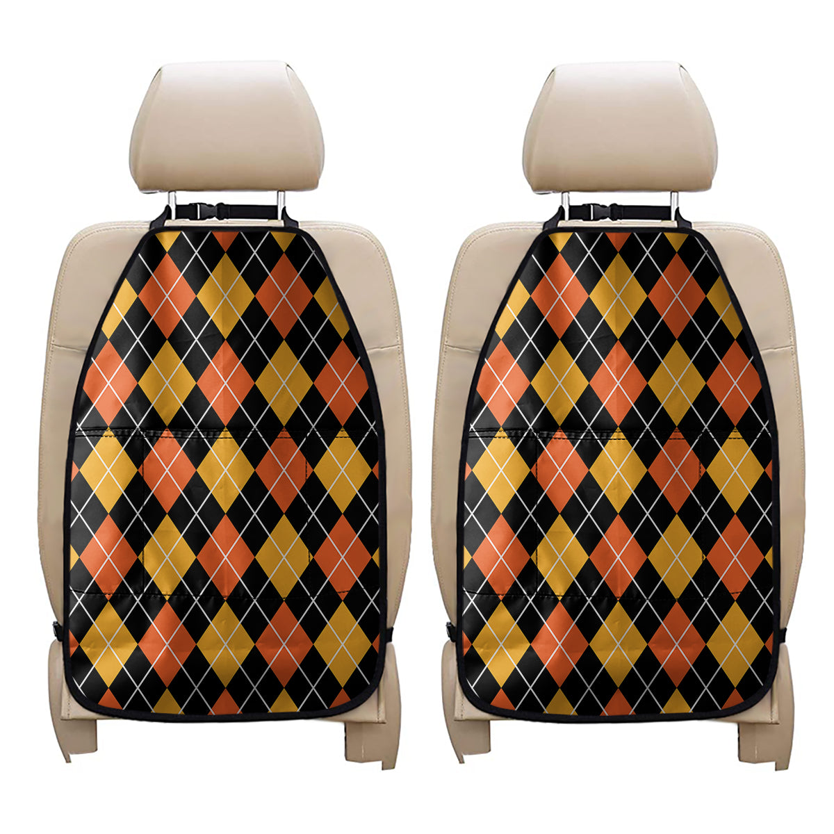 Halloween Black And Orange Argyle Print Car Seat Organizers