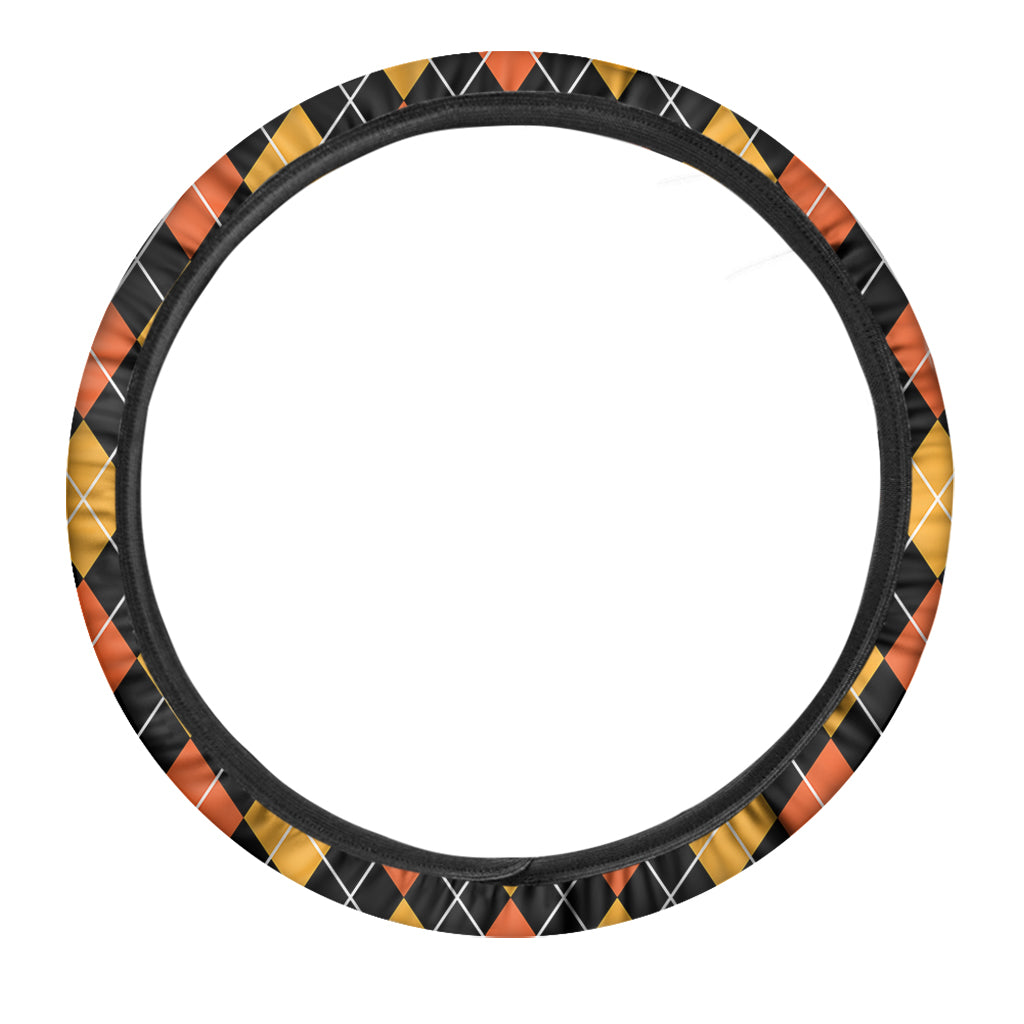 Halloween Black And Orange Argyle Print Car Steering Wheel Cover