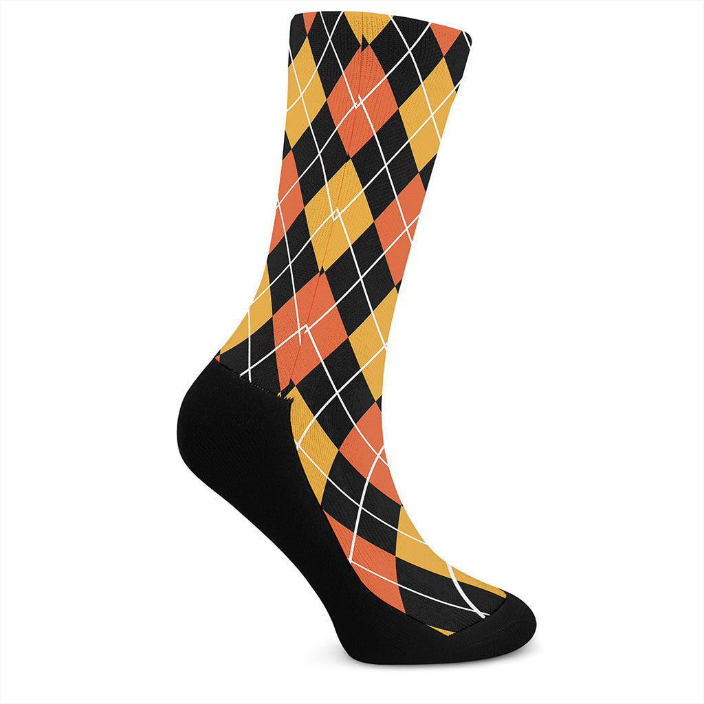 Halloween Black And Orange Argyle Print Crew Socks
