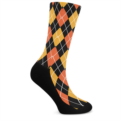 Halloween Black And Orange Argyle Print Crew Socks