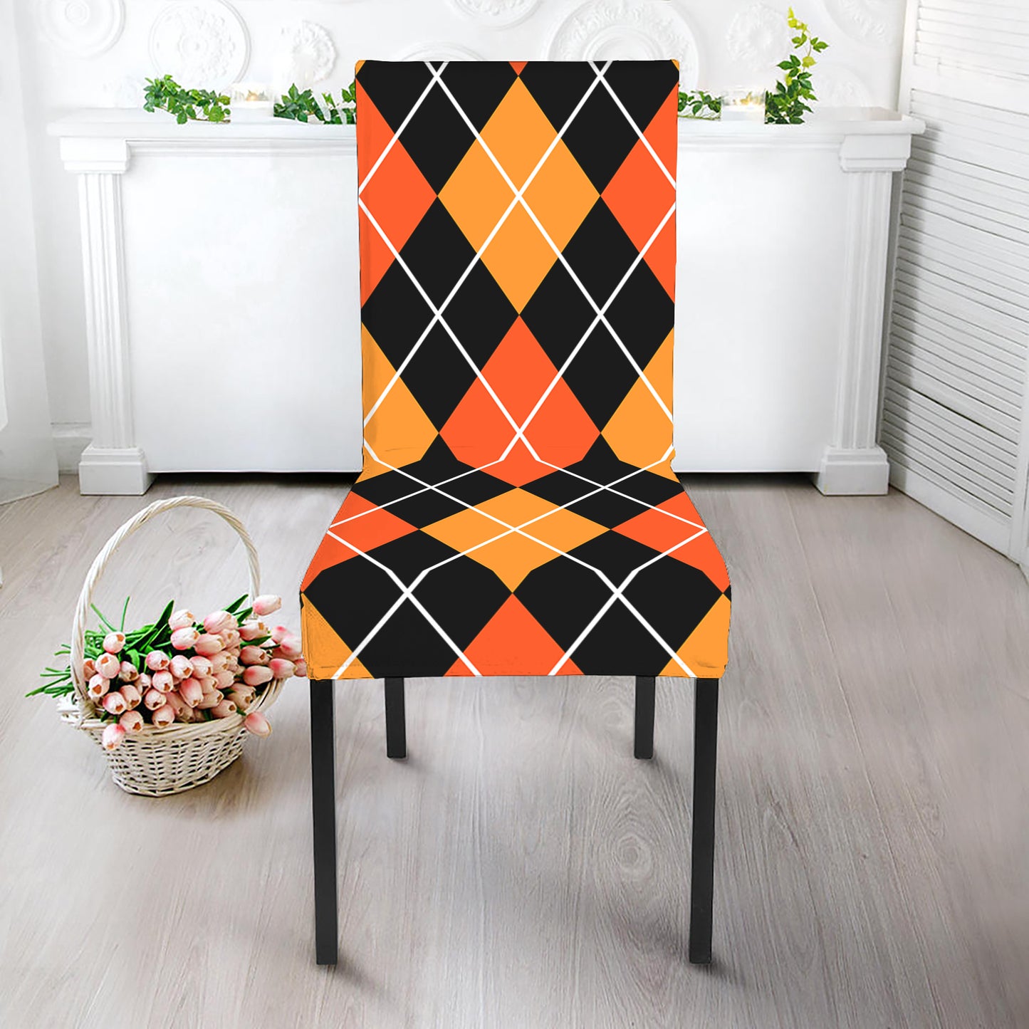 Halloween Black And Orange Argyle Print Dining Chair Slipcover