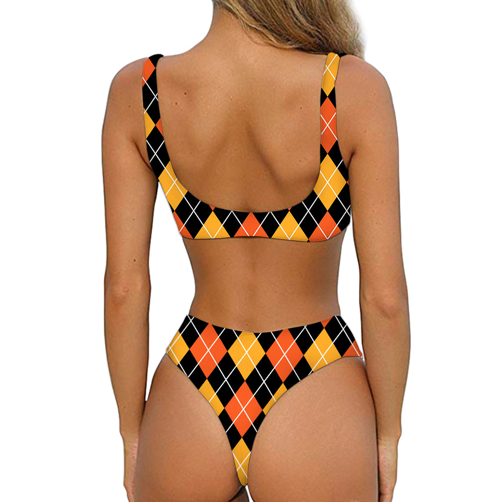 Halloween Black And Orange Argyle Print Front Bow Tie Bikini
