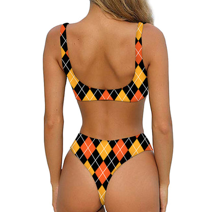 Halloween Black And Orange Argyle Print Front Bow Tie Bikini